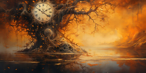 Mockup of a fantasy tree with a clock in the orange light of dawn. AI generation 