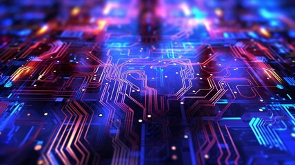 Wall Mural - abstract technology computer circuit board and science on purple and blue color background. pcb. gen