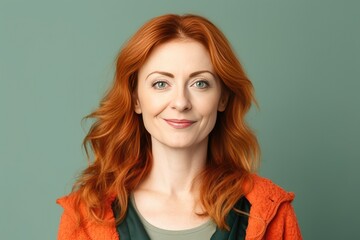 studio portrait of a ginger haired mature woman on color background. generative ai