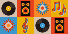 Retro Music Seamless Vector Pattern. Vibrant Bold Flat Graphic Style Design With Musical Elements. Vinyl Records, Speakers And Music Note Illustrations. Repeat Background Wallpaper.