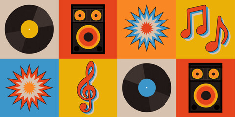 retro music seamless vector pattern. vibrant bold flat graphic style design with musical elements. v