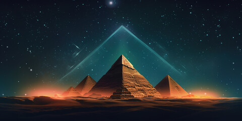 Egyptian pyramids are present in this future desert environment at night. Stars in the night sky, light beams, and galaxy glare. Generative AI