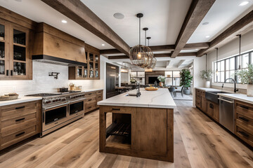 A new luxury homes traditional kitchen features a farmhouse sink, hardwood floors, wood beams, a huge island, and quartz counters. Generative AI