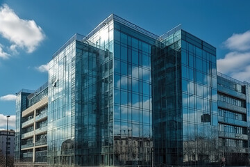 Glass fronted contemporary office building with a backdrop of a blue sky. Wall made of transparent glass at an office complex. Generative AI