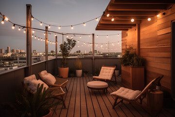 at dusk in the summer, a comfortable rooftop patio area with a lounging area, a hanging chair, and s