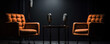 © zaschnaus - Two chairs and microphones in podcast or interview room isolated on dark background as a wide banner for media conversations or podcast streamers concepts with copy space. Generative AI