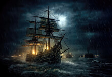 An 18th Century Warship Sailing In Rough Seas With A Battle In The Background, Generative Ai