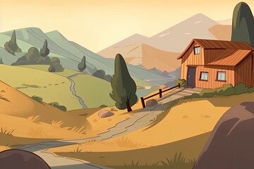 Wall Mural - cozy home nestled on a hilltop, accessible by a winding path Generative AI