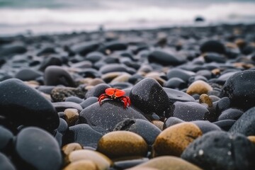 Wall Mural - vibrant red crab perched on a rocky shoreline Generative AI