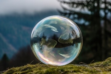 Poster - delicate soap bubble resting on a bed of vibrant green moss Generative AI