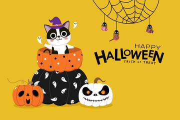 Wall Mural - Happy halloween greeting card with cute cat in witch dress, bat, owl and pumpkin. Holidays cartoon character. -Vector