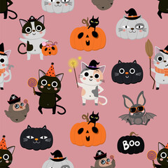 Wall Mural - Happy halloween wallpaper with cute cat in witch dress, bat, owl and pumpkin seamless pattern. Holidays cartoon character. -Vector