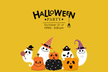 Wall Mural - Happy halloween party invitation card with cute ghost and decorated pumpkin in cat  and spooky costume. Holidays cartoon character. -Vector