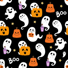 Wall Mural - Halloween ghost and spooky pumpkin seamless pattern and background. Holidays cartoon character. -vector