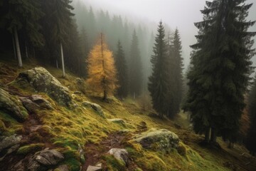 Wall Mural - misty forest with trees and rocks in the foreground Generative AI