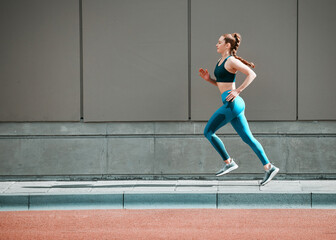 Poster - Young woman, urban running and city sidewalk with training, exercise and fitness on road. Street, runner profile and female athlete with mockup and body workout for health, wellness and race outdoor