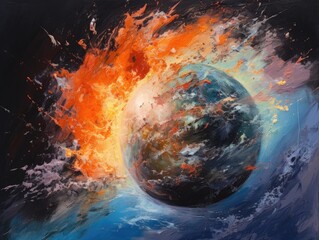 a painting showing the destruction of planet earth due to pollution and global warming.