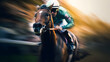 Jockey on racing horse. Champion. Hippodrome. Racetrack. Horse riding. Derby. Speed. Blurred movement.