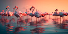 Group Of Flamingos Wading In Shallow Water, With A Sunset In The Background. Generative AI