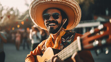 Mexican Independence. Cinco De Mayo. Mexican Men Wearing Traditional Mariachi Clothing Playing Guitar. Generative AI.