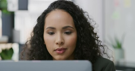 Poster - Closeup, laptop and businesswoman thinking for strategy or planning emails on desk and company decision in the office. Computer, corporate and female employee at workplace or contemplate on pc screen