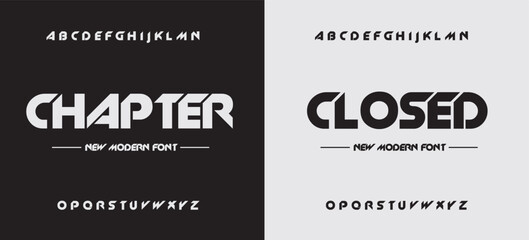 chapter closed, sports minimal tech font letter set. luxury vector typeface for company. modern gami