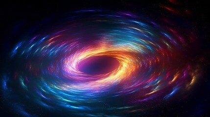 Wall Mural - a cg rendering of a digital vortex swirling in dark space. Beams of rainbow gradient light bend into an event horizon. generative AI