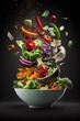 Dynamic shot of fresh salad, vegetables fall into a porcelain bowl.