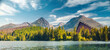 An incredible view of the calm lake Strbske pleso, surrounded by mountains. National Park High Tatra, Slovakia, Europe.