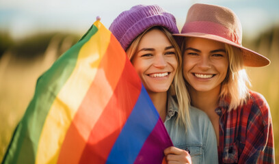 Happy couple with rainbow flag color pattern in a flower field. Inclusive generative ai society and lifestyle. Pride with diversity and inclusion.
