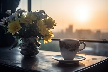 Canvas Print - Coffee cup and bouquet of flowers on the table with sunset. A cup of coffee and a beautiful flower vase with fresh blooms, AI Generated