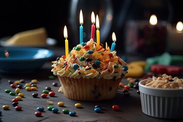 Canvas Print - Birthday cupcake with candles and colorful candies on wooden table, delicious birthday cupcake on a table with so many colorful sprinkles, AI Generated