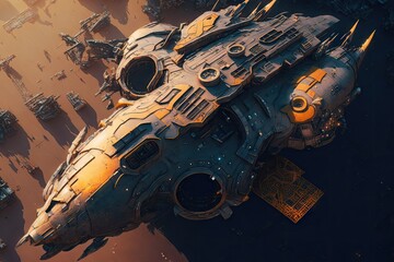Wall Mural - cyber punk spaceship seen from above. glorious generative ai.