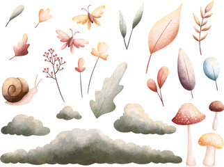 Watercolor Illustration set of autumn leaves mushroom butterflies and plant in vintage color