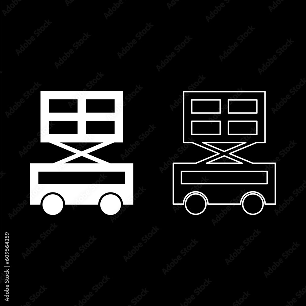 Lifting machine scissor lift platform self propelled set icon white ...