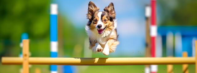 agility sport dogs. a dog jumps over an obstacle in a competition, banner, made with Generative AI