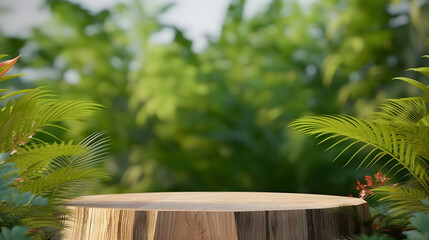 Wooden product display podium with green nature garden background.