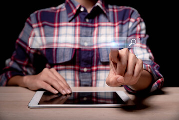 Aufkleber - Searching Browsing Internet Data Information with blank search bar.SearchEngine Optimization SEO Networking Concept.handof businessman working with computer laptop on desk in office