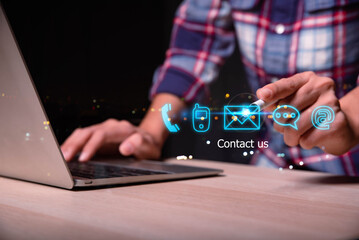 Aufkleber - Customer support hotline Contact us people connection. Businessman using Smart Phone with the email, call phone, address, Chat message icons