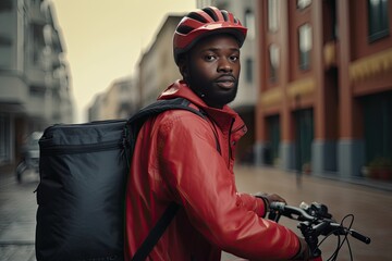 African delivery person in a bike in the city. Generative AI