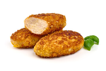 Fried cutlets in bread crumbs, isolated on the white background.