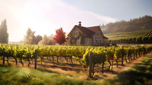 A Picturesque Vineyard With Rows Of Grapevines And A Charming Rustic Farmhouse Created With Generative AI Technology