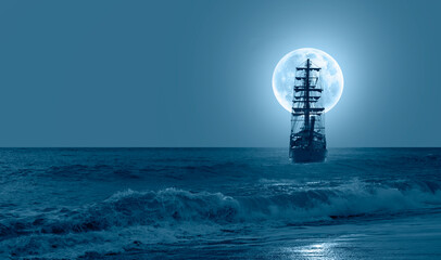 Fototapete - Sailing old ship in storm sea at sunset - Night sky with moon in the clouds 