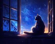 windowsill, gazing at the moon. deep blues and purples for the sky and add delicate stars to create a dreamy atmosphere 