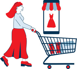 Wall Mural - Shopping woman with mobile phone. Vector illustration