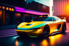 Yellow Modern Futuristic Taxi Car With Colourful Illuminated City, Town. City Lights. Sunset Rays Between Skyscrapers. Future Urban Scene. One Curvy Cab Vehicle. Generative Ai