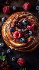 Wall Mural - Close-up of cinnamon buns drizzled with icing and berries decor, created with generative ai. Top view. Dark background