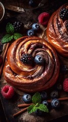 Wall Mural - Close-up of cinnamon buns drizzled with icing and berries decor, created with generative ai. Top view. Dark background