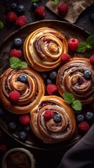 Wall Mural - Close-up of cinnamon buns drizzled with icing and berries decor, created with generative ai. Top view. Dark background