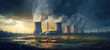 © killykoon - A typical nuclear reactor in the distance. A scene with a nuclear electric generation plant with steam coming out from the top. hand edited generative AI.